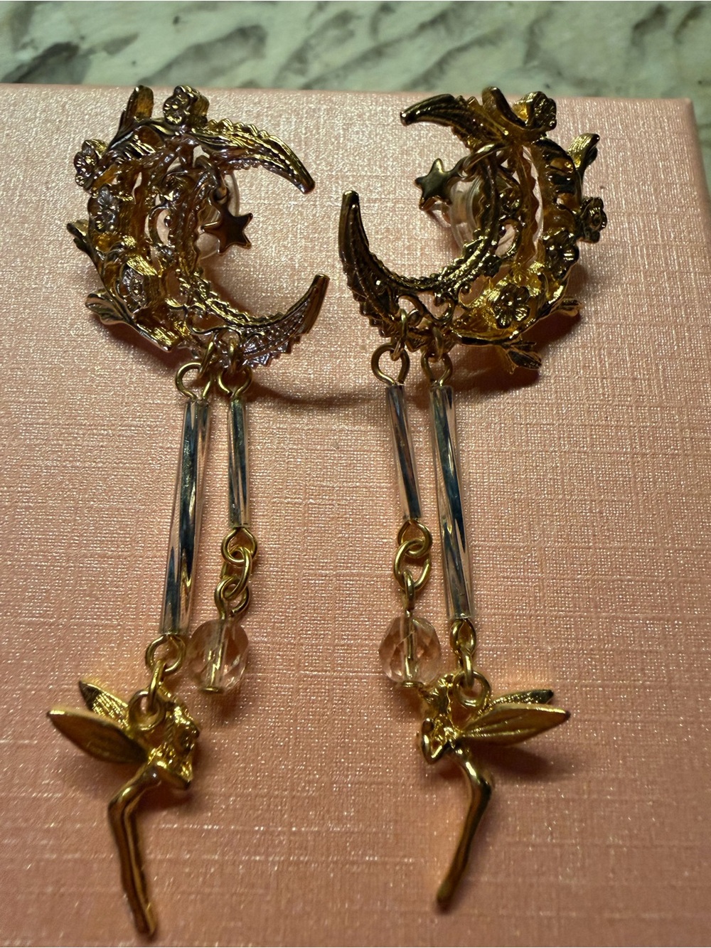 Kirks Folly Gold Moon and Fairy Dangle Earrings with Clear Crystals